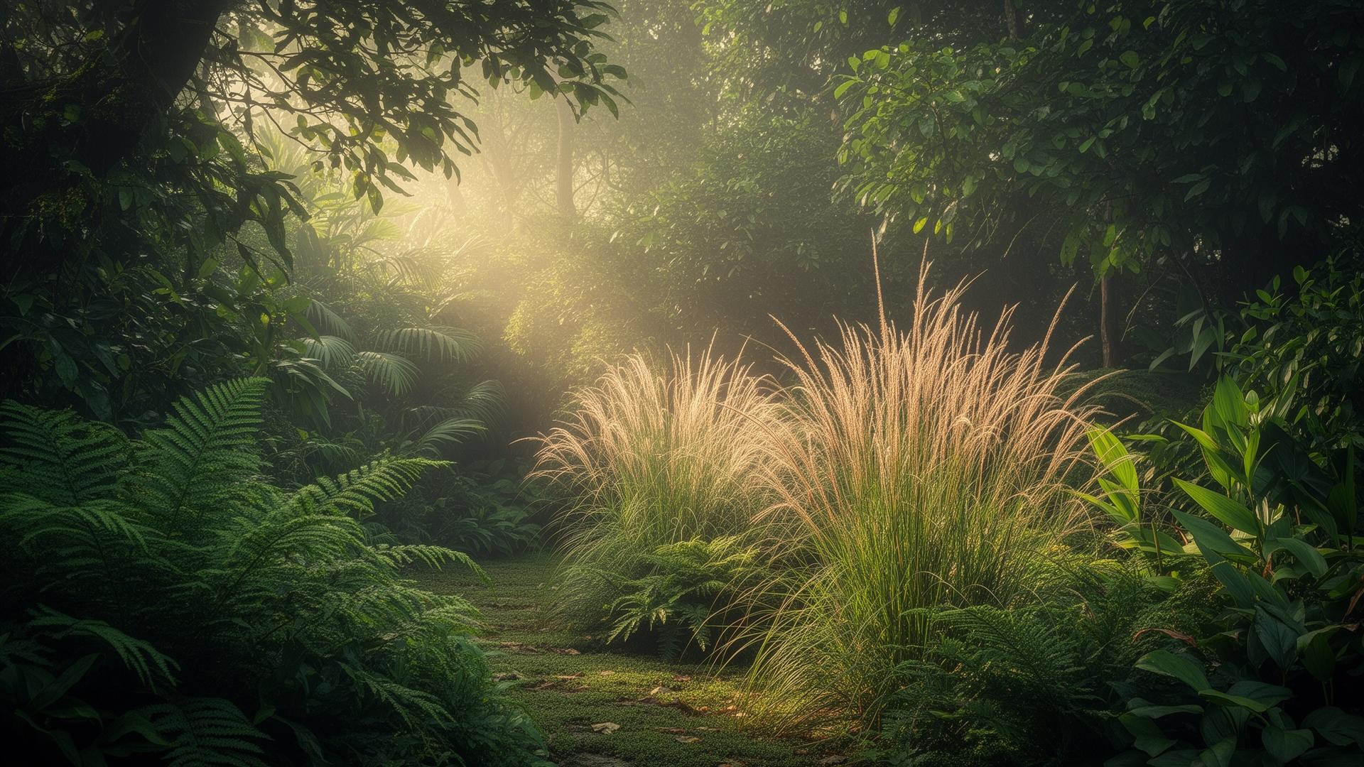 A misty biophilic garden with ferns and ornamental grasses bathed in soft morning light
